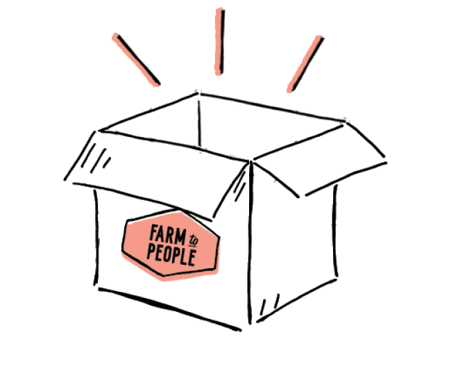 Cartoon of an empty box with open top and Farm to People logo on front