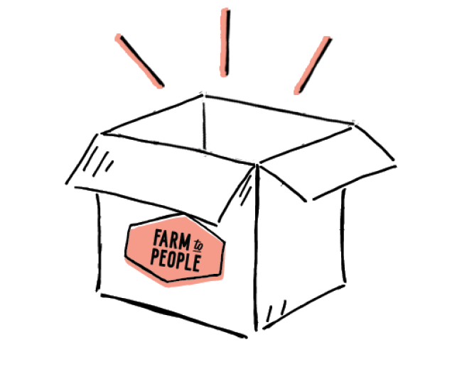 Cartoon of an empty box with open top and Farm to People logo on front